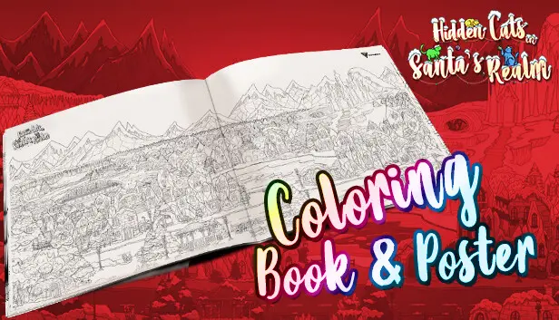 Hidden Cats in Santa's Realm - Printable PDF Coloring Book and Poster